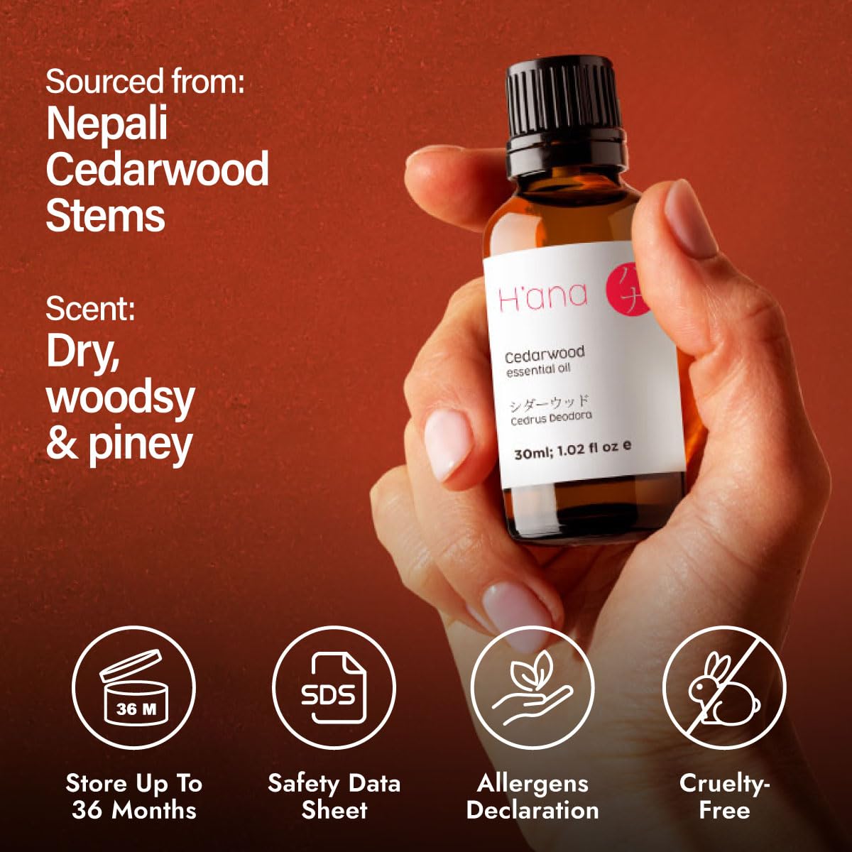 H'ana cedarwood essential oil cruelty-free formula from Nepali stems