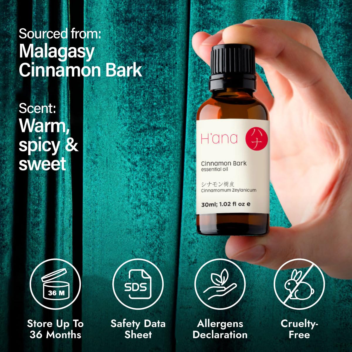 Packaging highlights cruelty-free formulation and Madagascan cinnamon source.