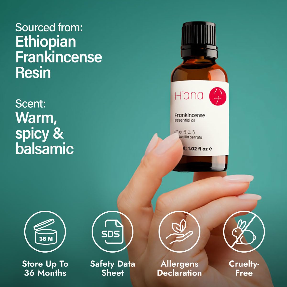 H'ana Frankincense oil packaging highlighting purity.