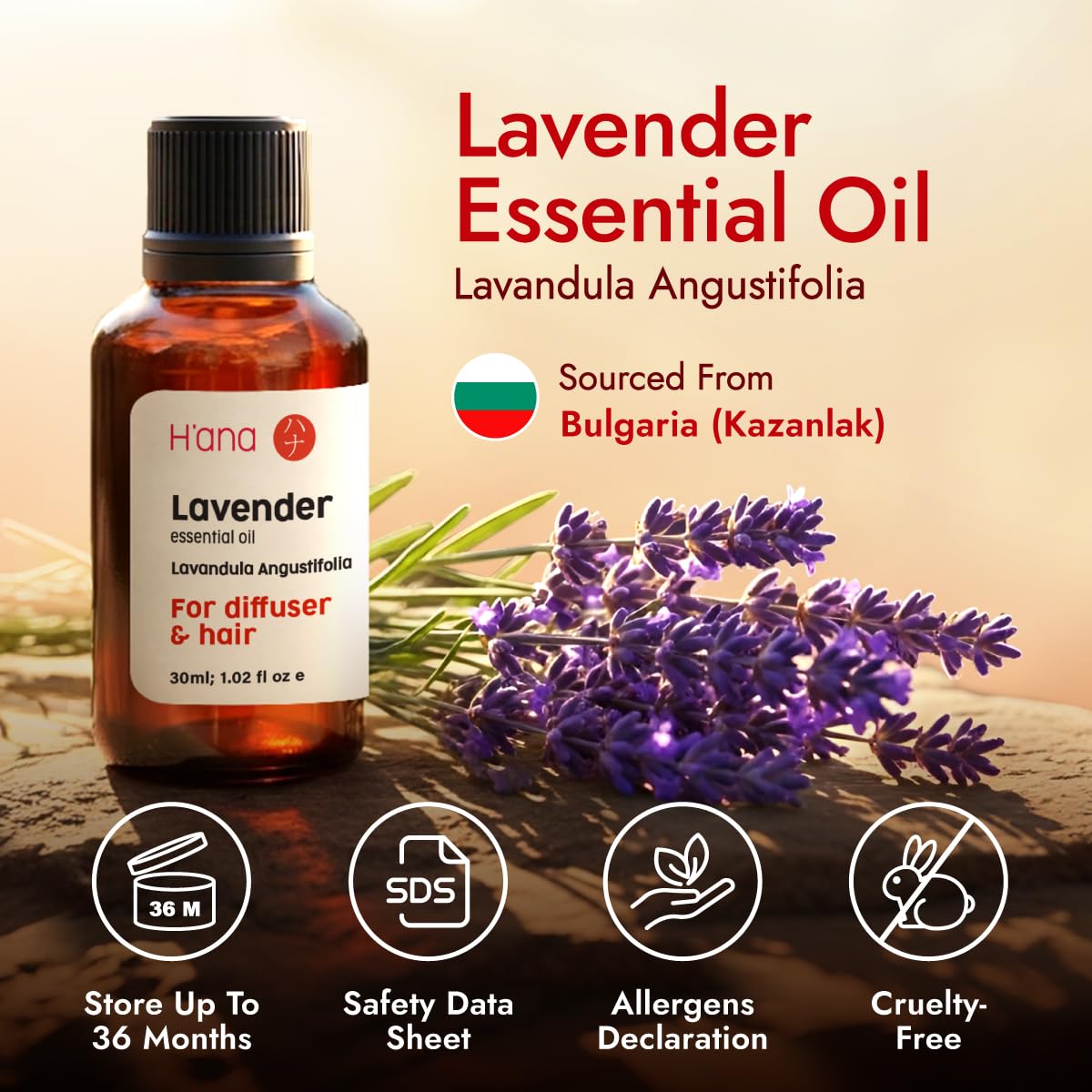 H'ana Lavender essential oil packaging label close-up