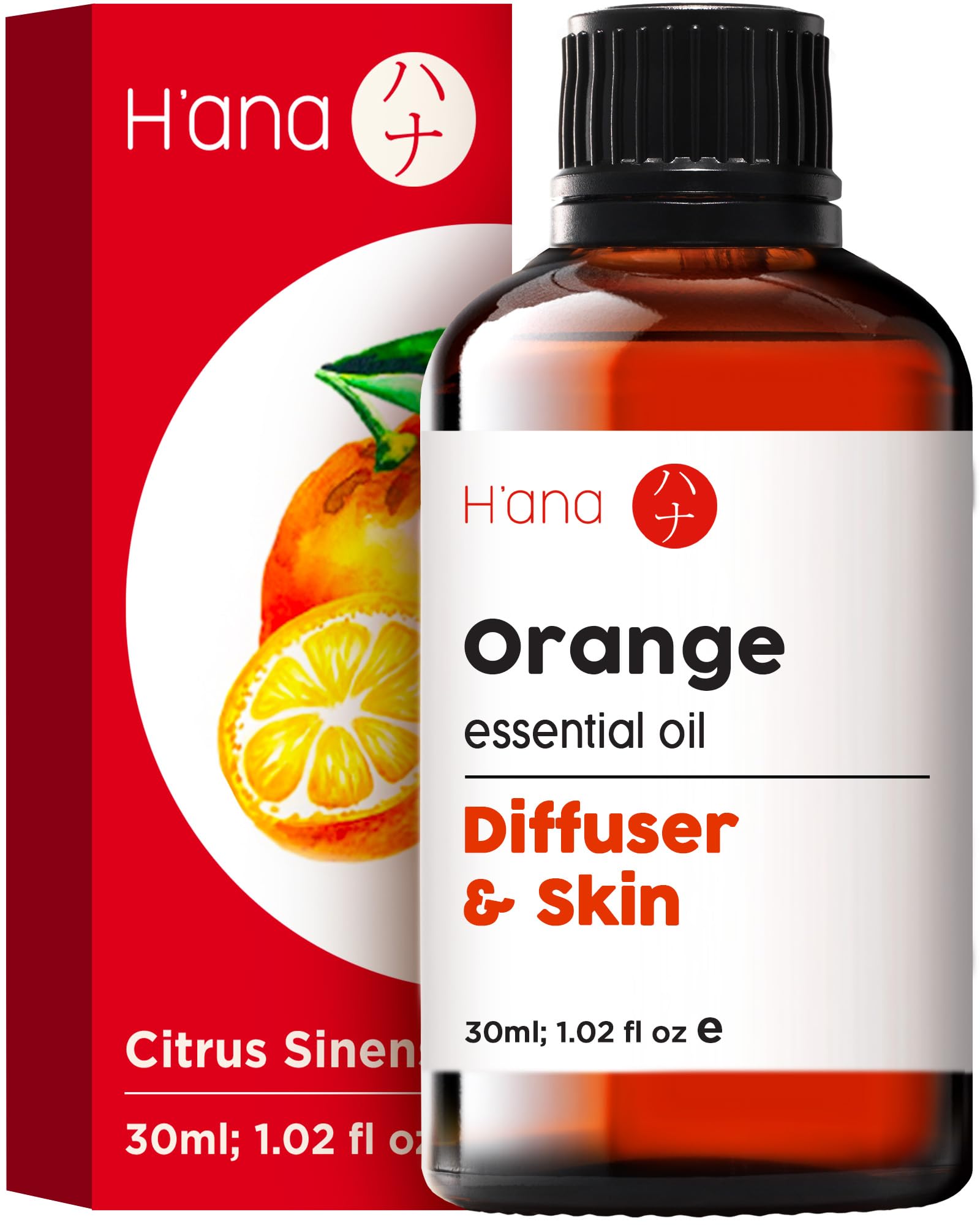 H'ana Orange Essential Oil bottle close-up for diffuser use and uplifting aroma.