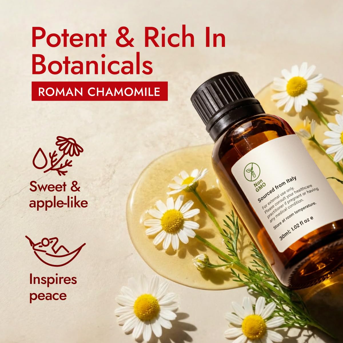 Aplicación suave de H'ana Roman Chamomile en piel, para calmar zonas sensibles.
