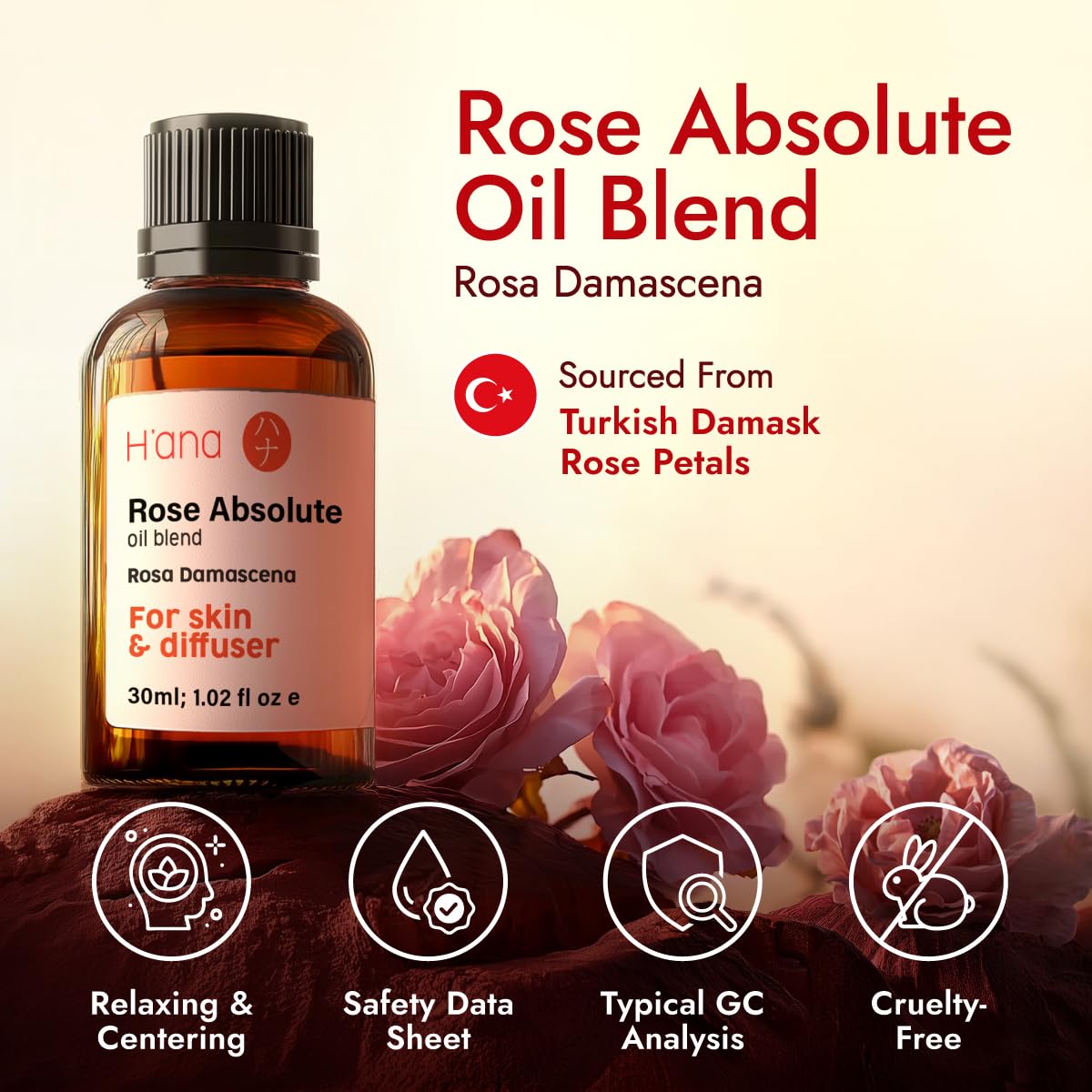 Ready-to-use H'ana Rose Essential Oil bottle with precise dropper for controlled diffusion.
