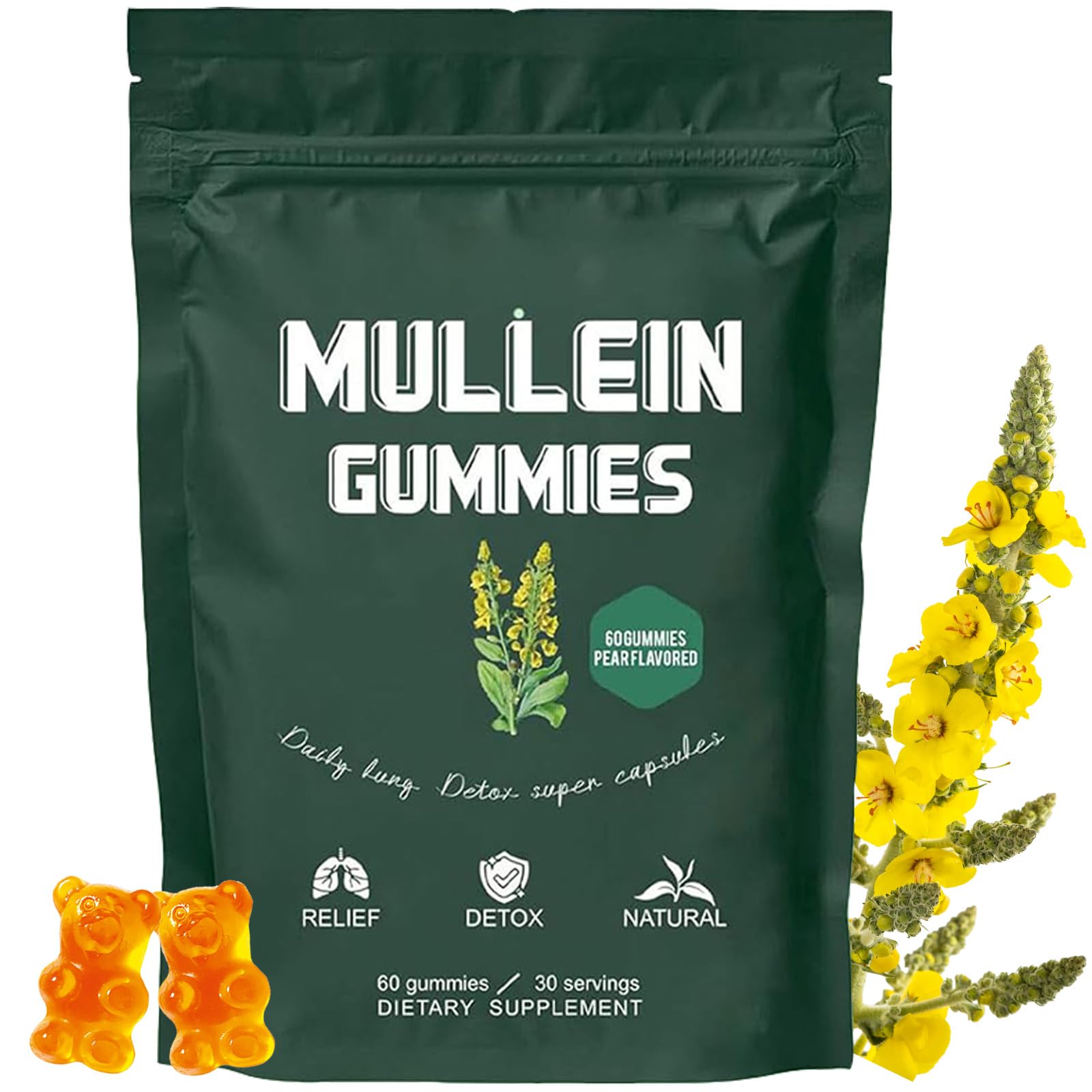 Hanachi Mullein Gummies bottle front with pear flavor for daily respiratory support.
