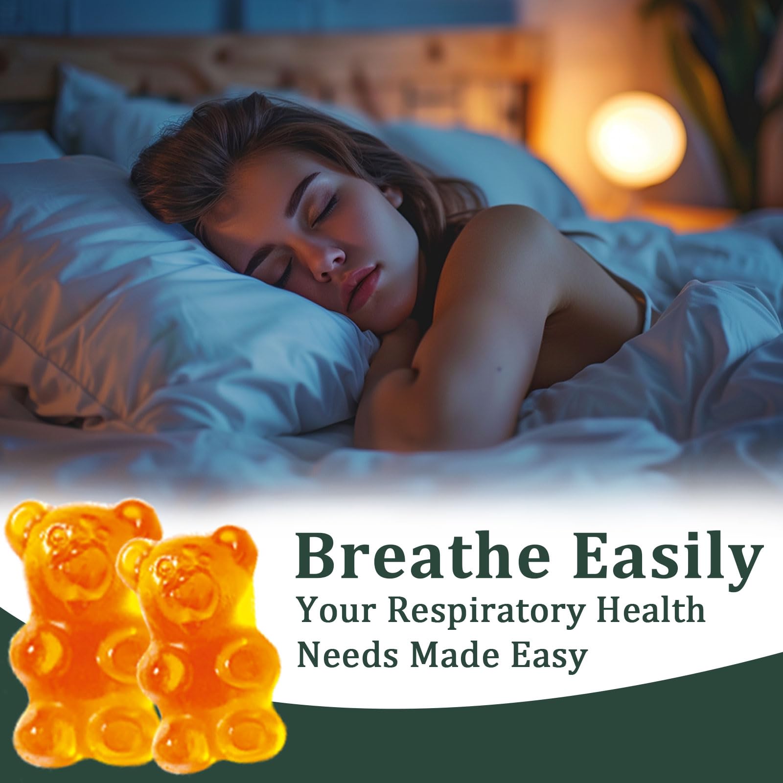 Hero shot of pear-flavor gummies ready to support daily lung comfort.