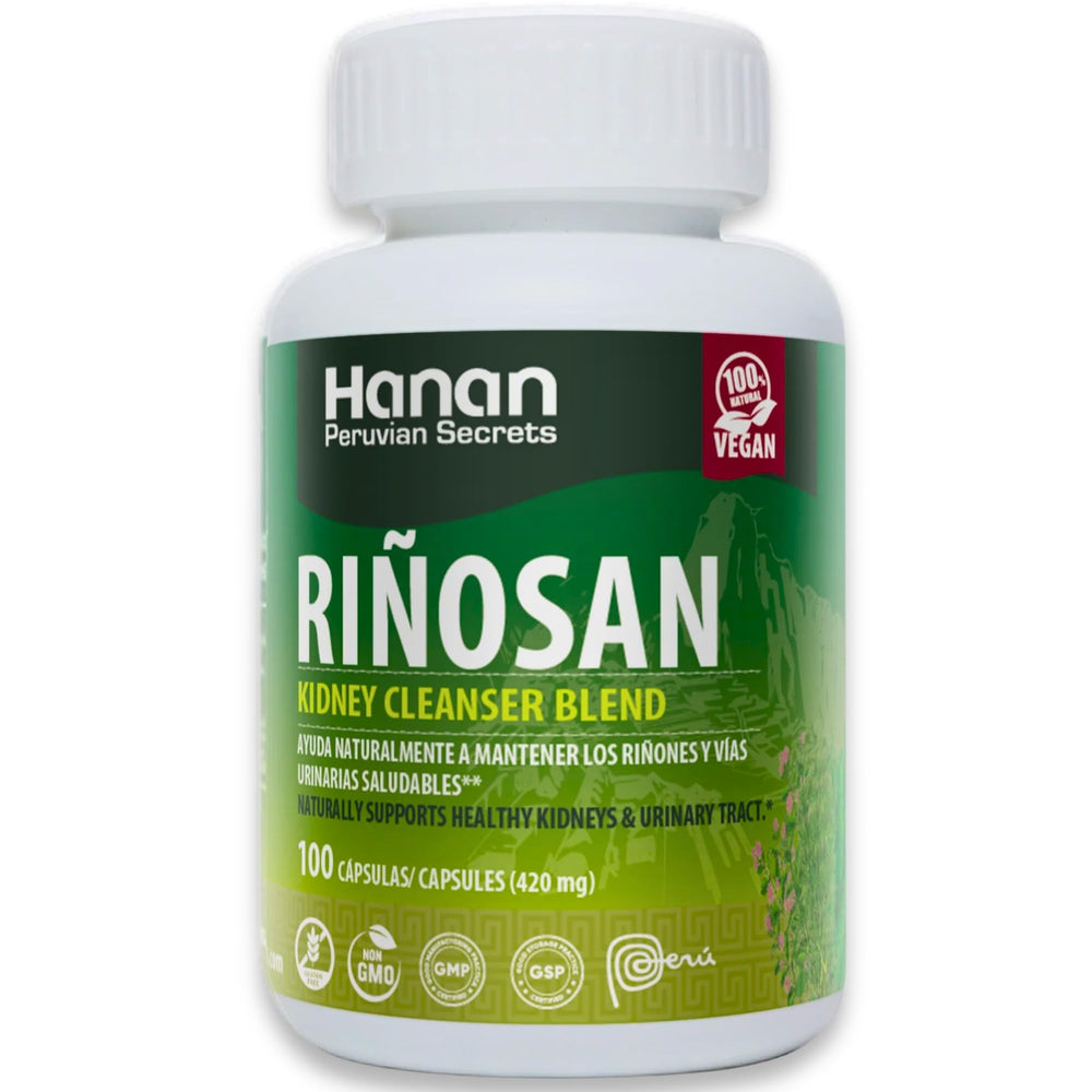 Hanan Riñosan bottle front view highlighting traditional Peruvian botanicals for vitality.