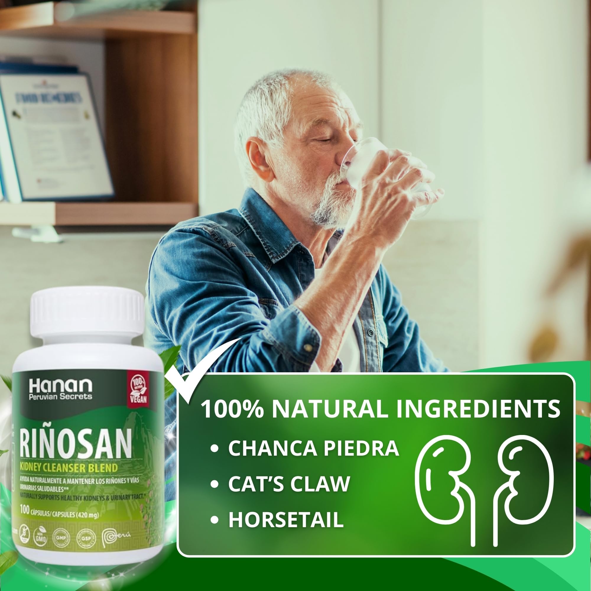Hanan Riñosan capsules close-up showing the 100-capsule herbal blend.