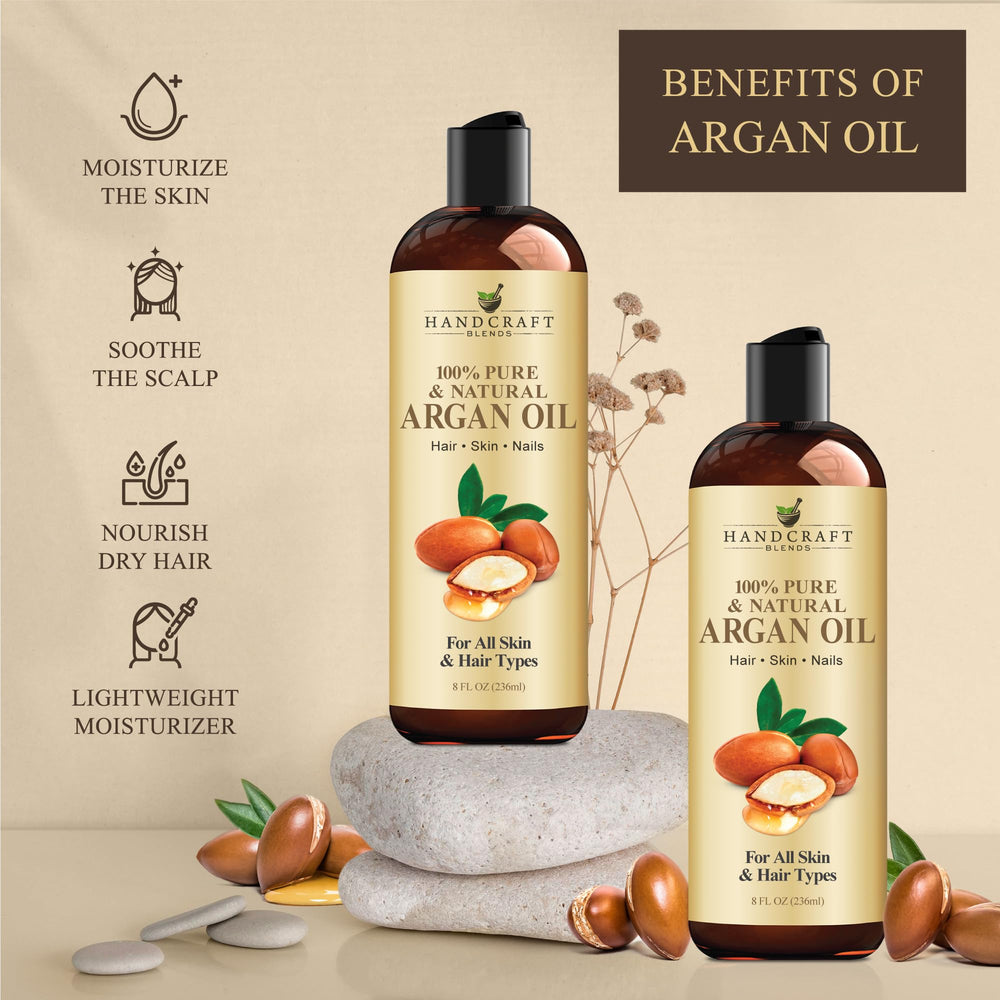 Handcraft Blends Moroccan Argan Oil packaging highlights premium ingredients.