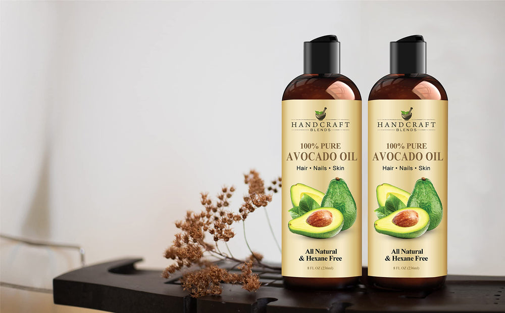 Handcraft Blends Avocado Oil label showing hexane-free, pure formula.