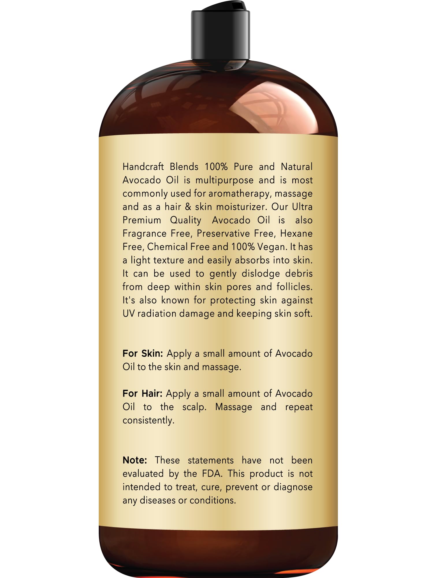 Handcraft Blends Avocado Oil label details show 100% pure, hexane-free status