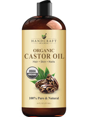 Handcraft Blends Organic Castor Oil bottle shown for hair conditioning and skin hydration.
