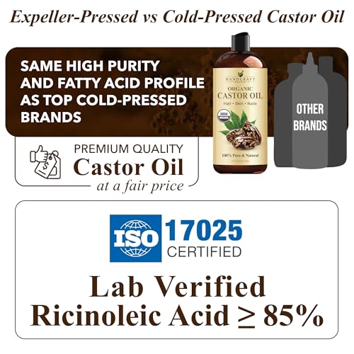Close-up of Handcraft Blends Organic Castor Oil label highlighting purity and hexane-free formula.