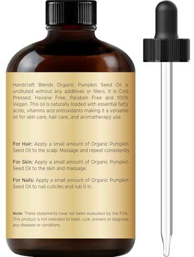 Handcraft Blends pumpkin seed oil glass bottle closeup highlights pure hexane-free quality