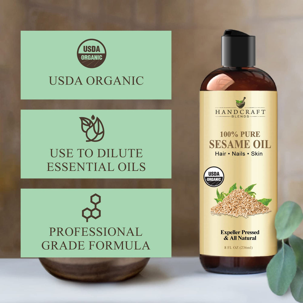 Handcraft Blends Sesame Oil label detail indicates organic origin and expeller-pressed processing.
