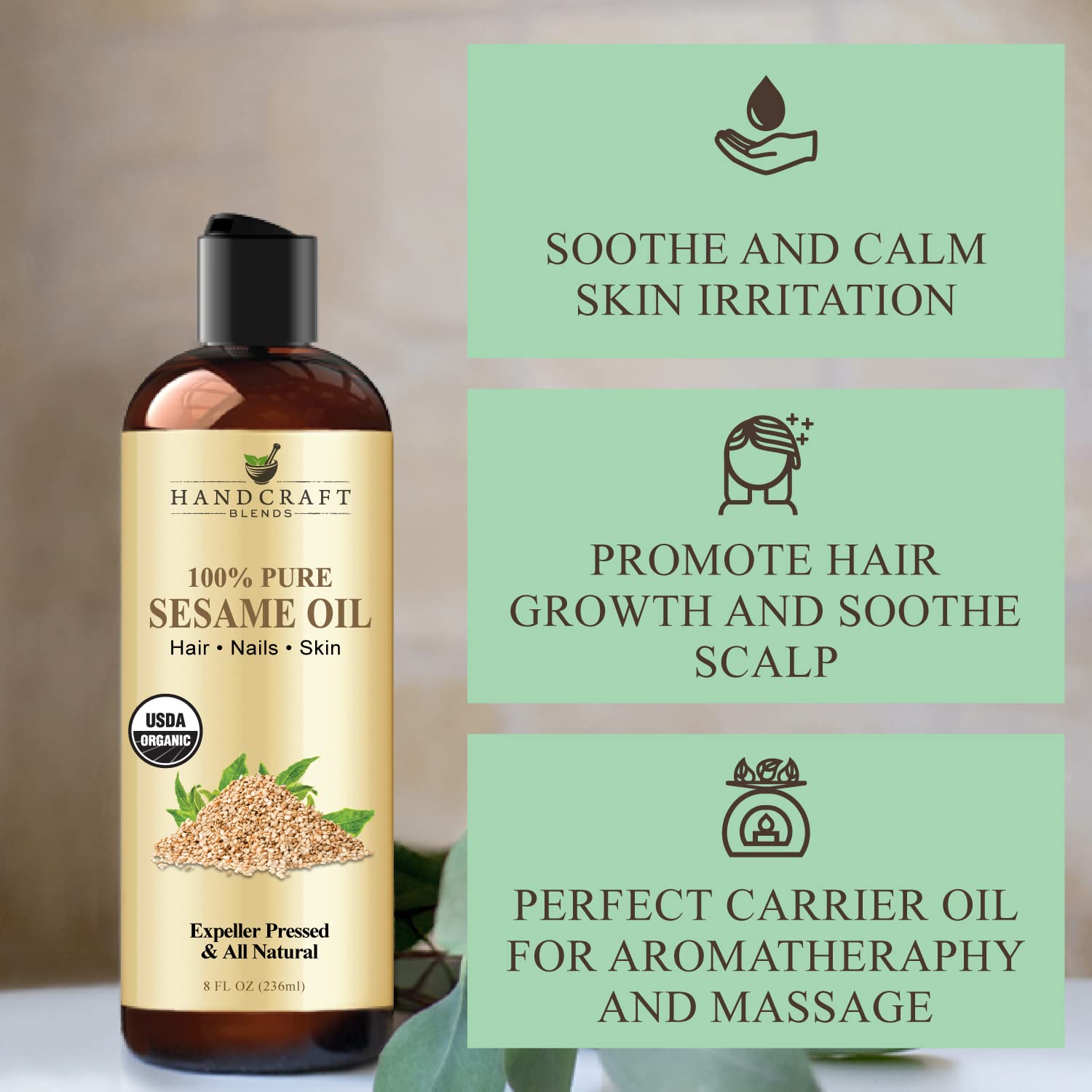 Handcraft Blends Sesame Oil massage use demonstrates soothing, hydrating care.