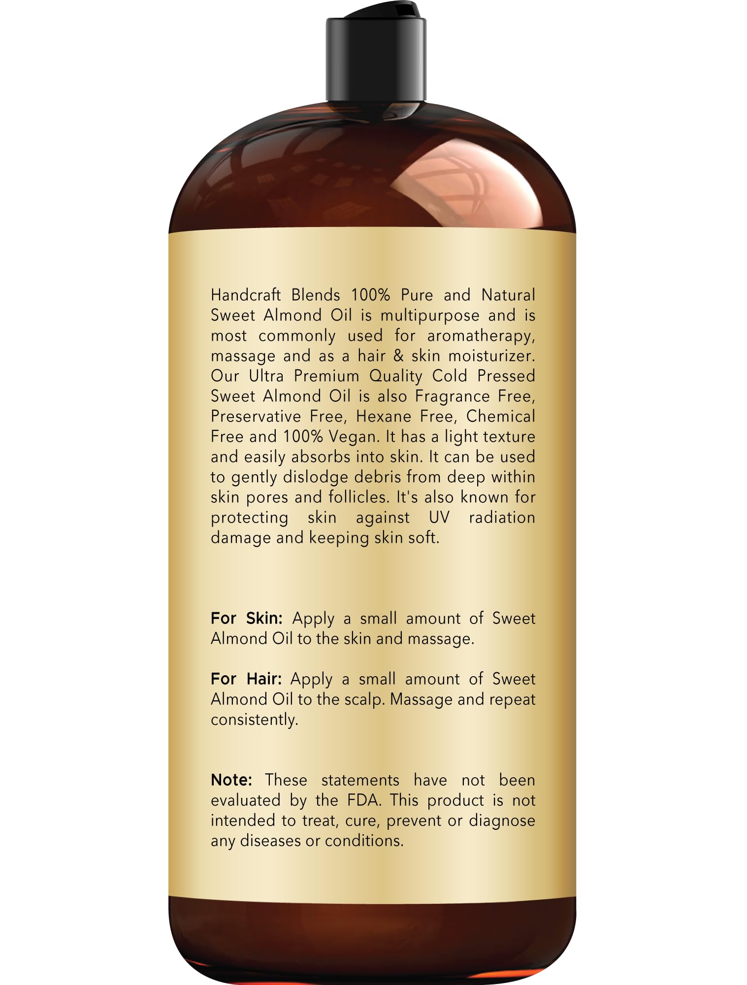 Handcraft Blends Sweet Almond Oil label highlighting fragrance-free formula.