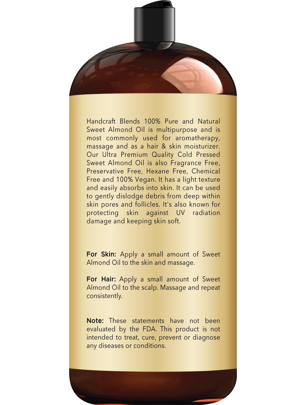 Handcraft Blends Sweet Almond Oil label highlighting fragrance-free formula.