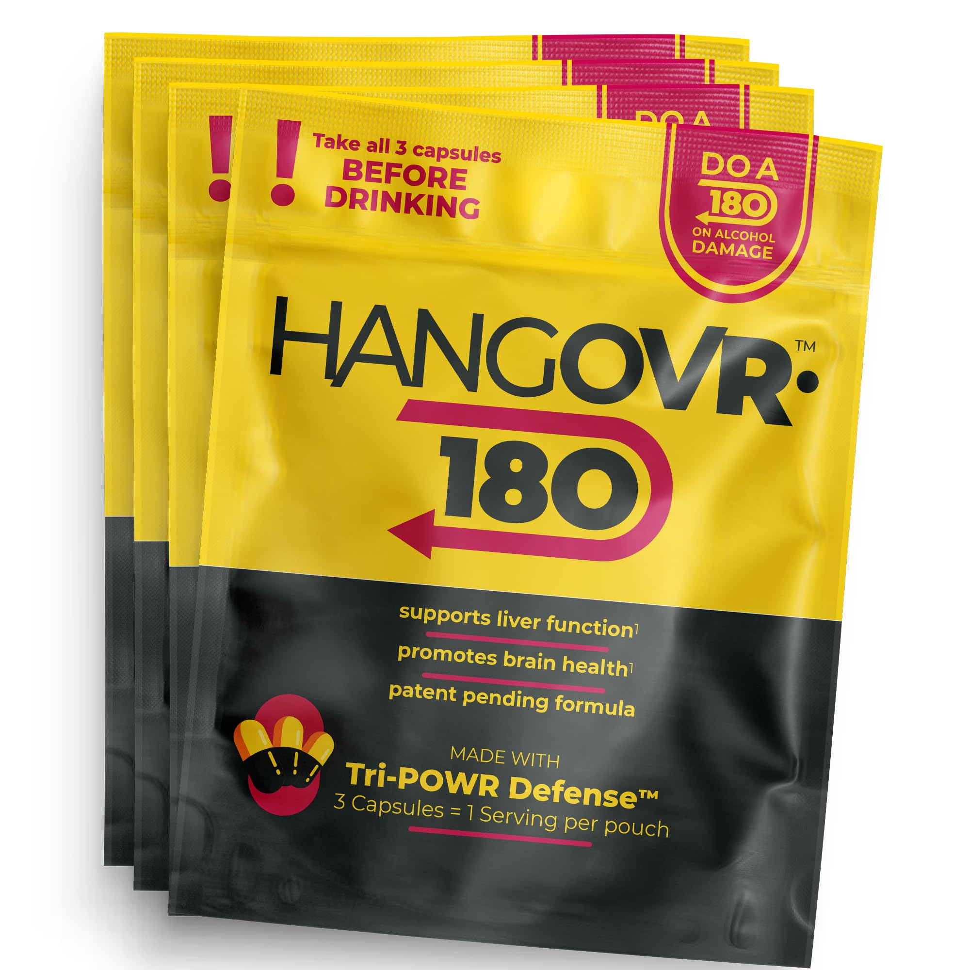 Hangovr-180 Tri-Power pack front for travel-friendly pre-drinking