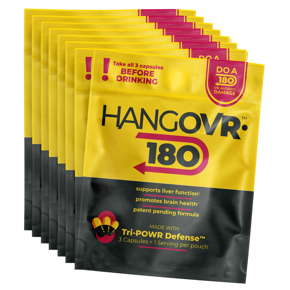 Hangovr-180 Tri-Power capsules shown before drinking to support clarity and focus.
