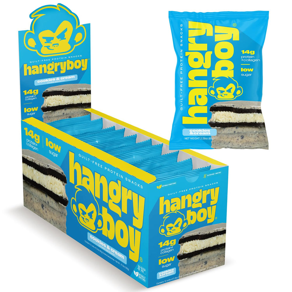 Hangryboy Protein Cookie Sandwich Cookies and Cream packaging, convenient on-the-go protein snack.