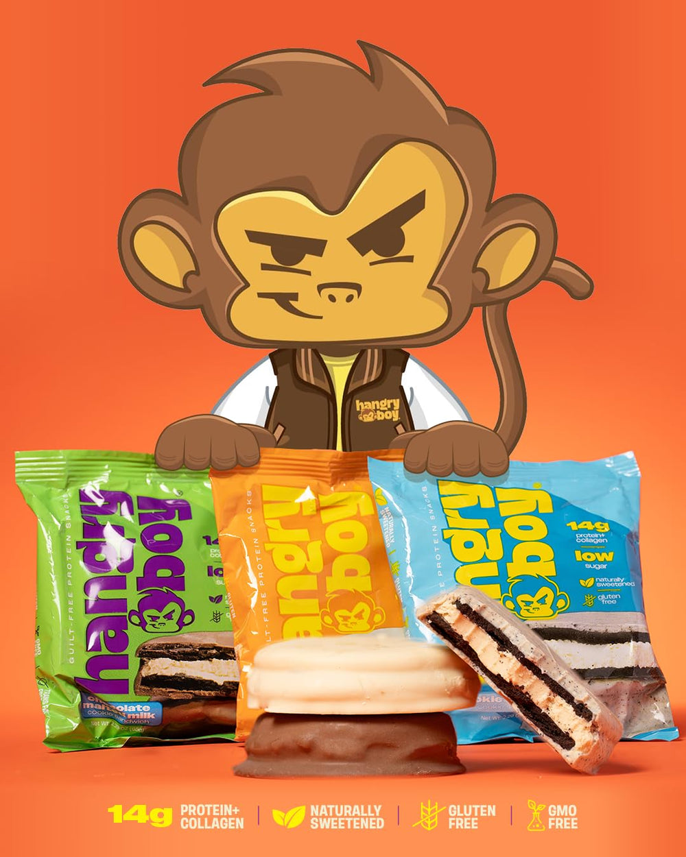 Hangryboy nutrition panel close-up showing high protein and low sugar.