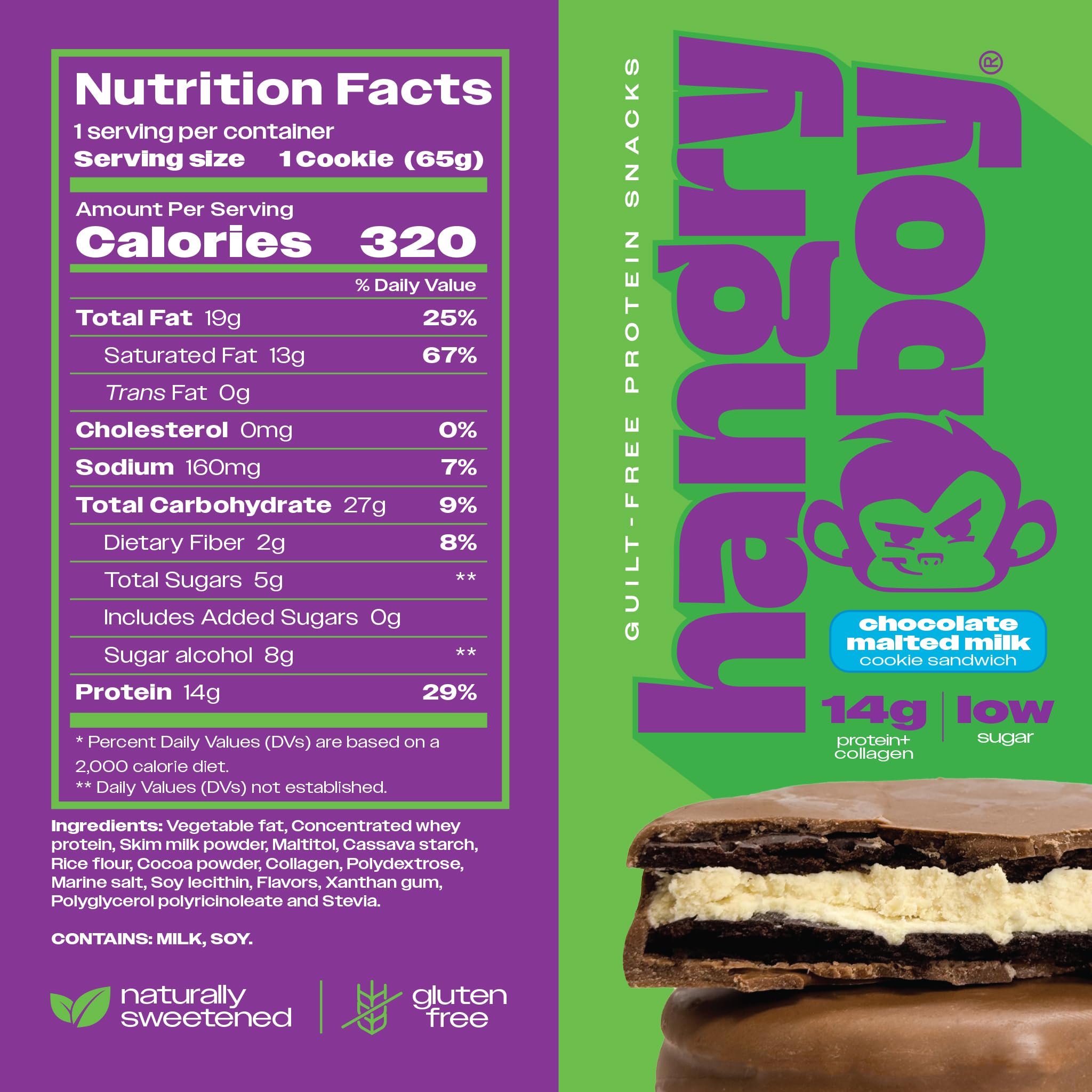 Hangryboy Protein Cookie Sandwich nutrition label highlighting 14g protein and gluten-free traits.