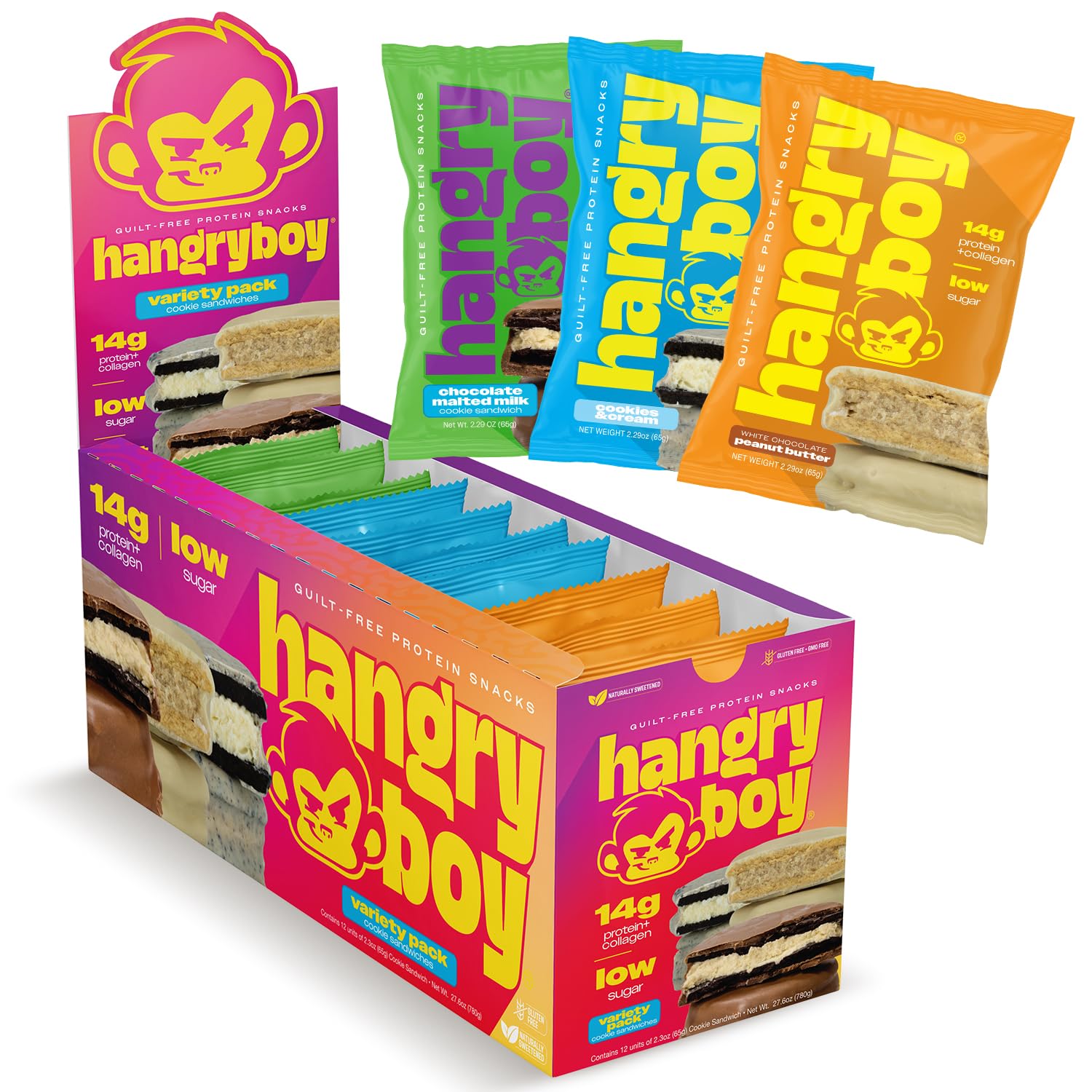 Hangryboy Protein Cookie Sandwich packaging, energy-boosting snack for gym and travel.