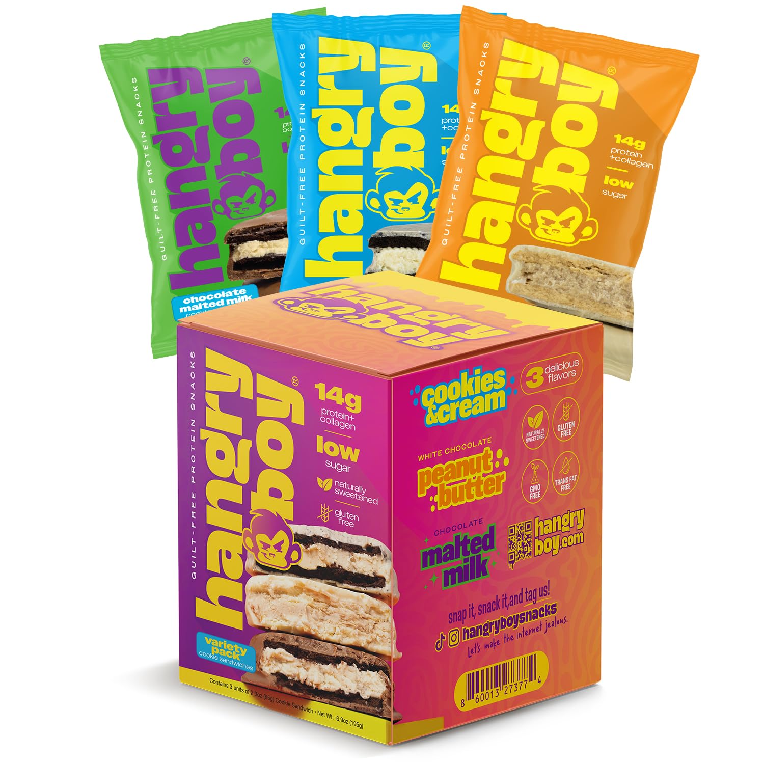 Hangryboy protein cookie sandwich packaging shown for on-the-go snacking.