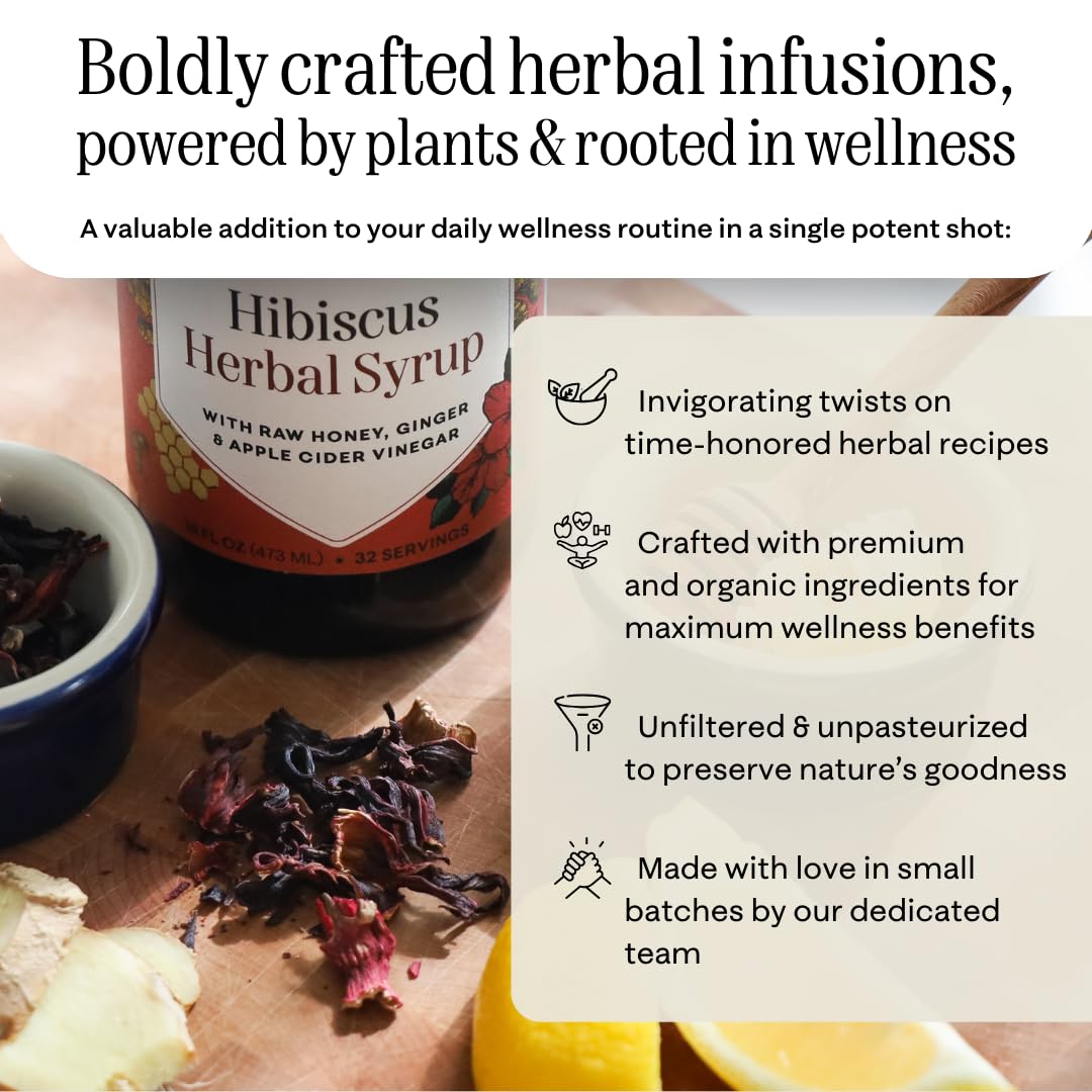 Hany's Harvest Hibiscus Ginger Syrup pour demonstrates a convenient wellness ritual for warm tea.