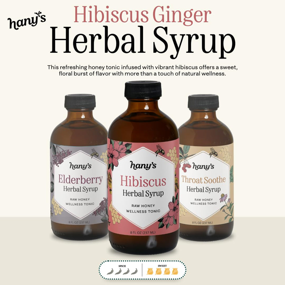 Hany's Harvest Hibiscus Ginger Syrup in a tea setting enhances flavor with a tangy note.