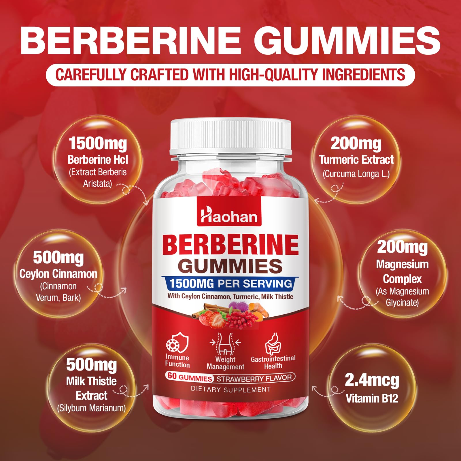 Haohan Berberine Gummies close-up shows natural strawberry flavor