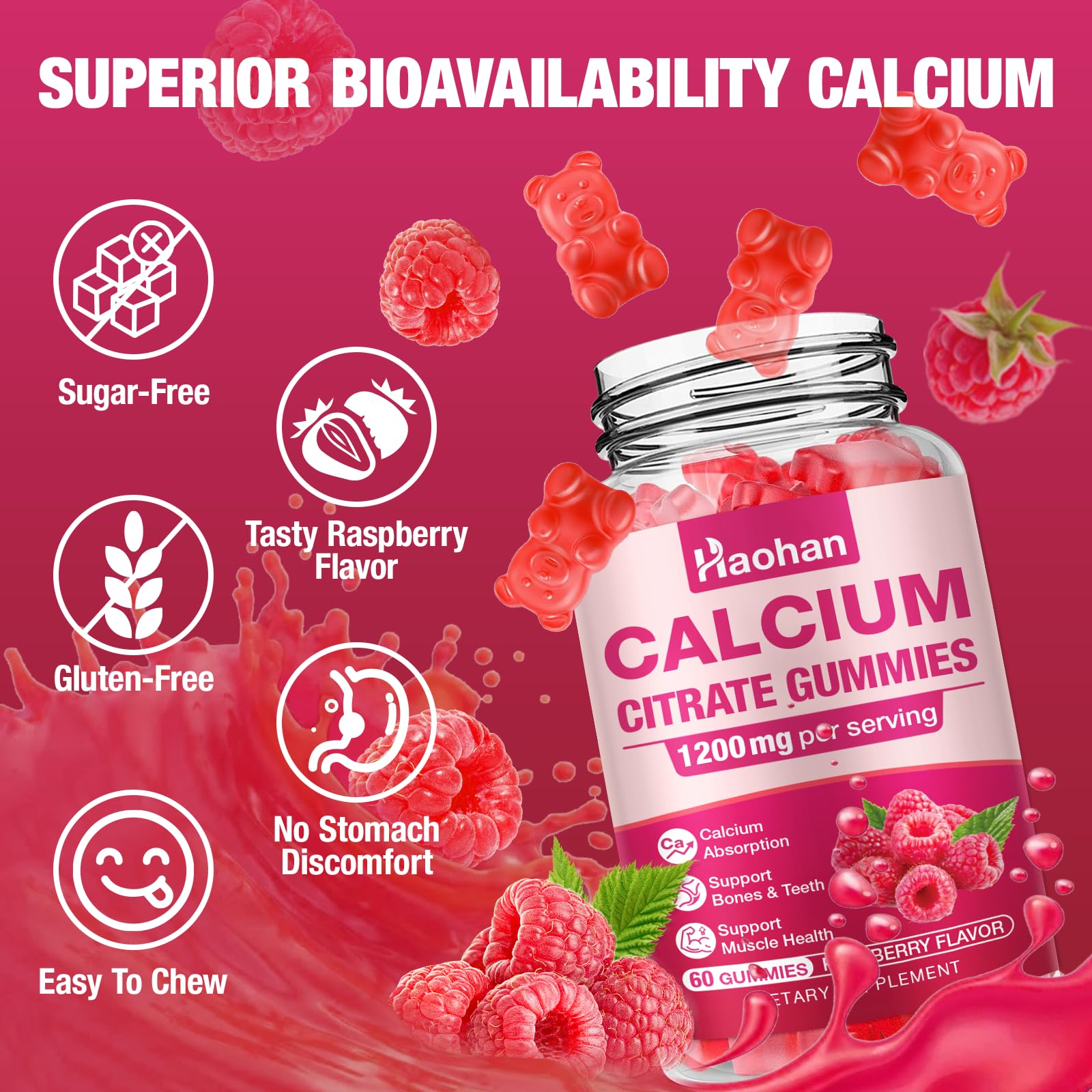 Haohan Calcium Citrate Gummies highlight non-GMO and gelatin-free formulation.