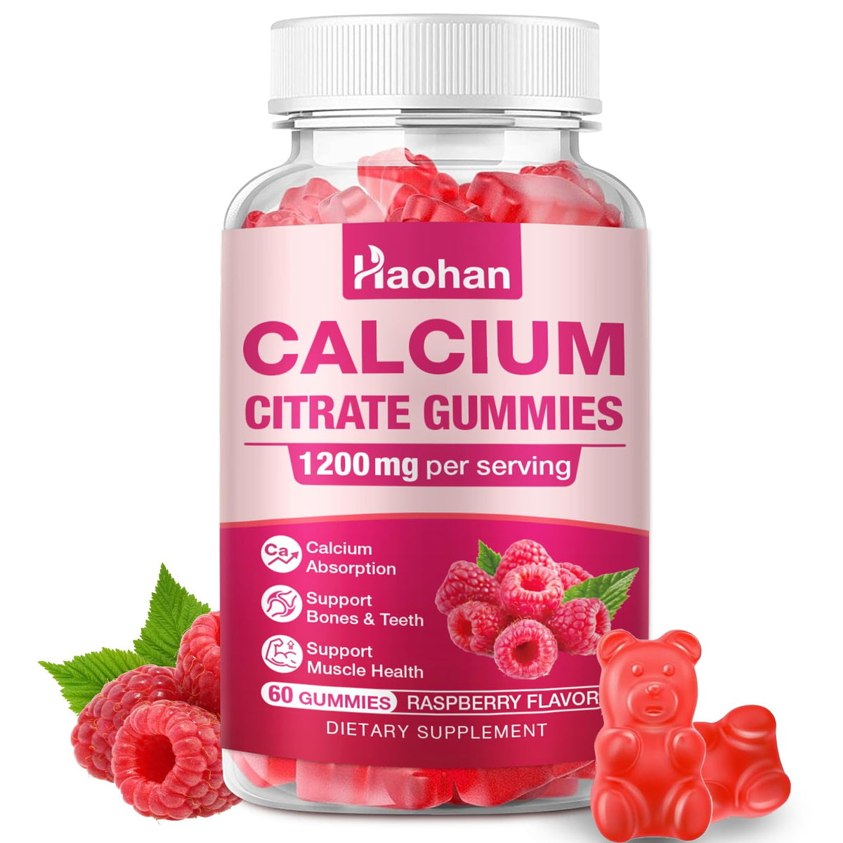 Haohan Calcium Citrate Gummies bottle with raspberry flavor, supporting bone health in a sugar-free routine.