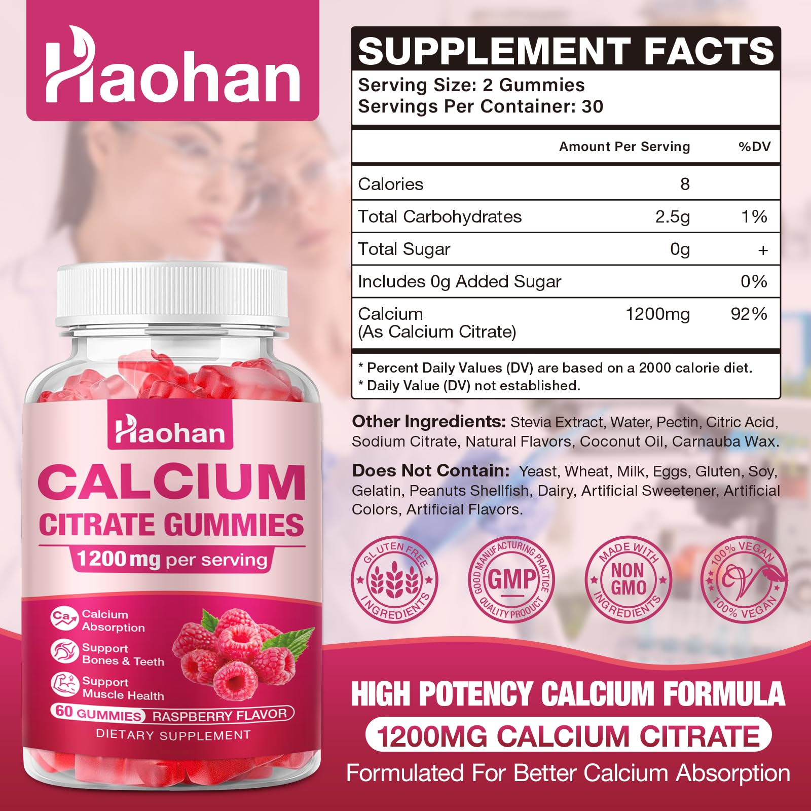 Haohan Calcium Citrate Gummies close-up of a glossy raspberry gummy, highlighting chewable daily nutrition.