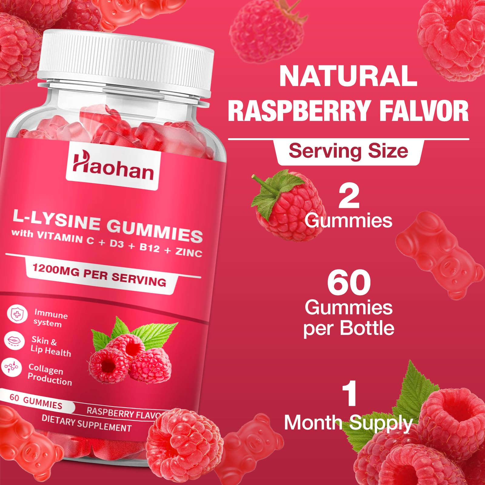 Haohan L-Lysine Gummies ingredients emphasize vegan pectin and natural raspberry flavor.