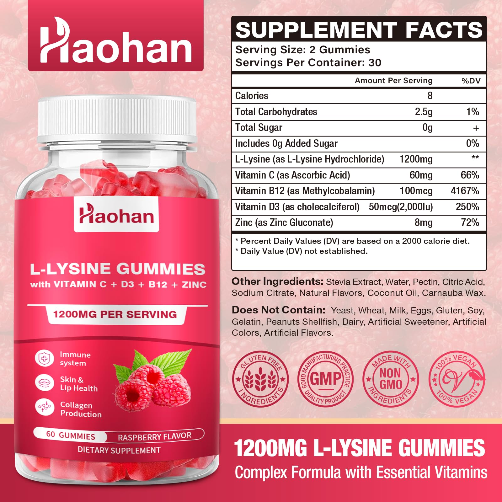 Haohan L-Lysine Gummies closeup shows high potency and purity for daily wellness.