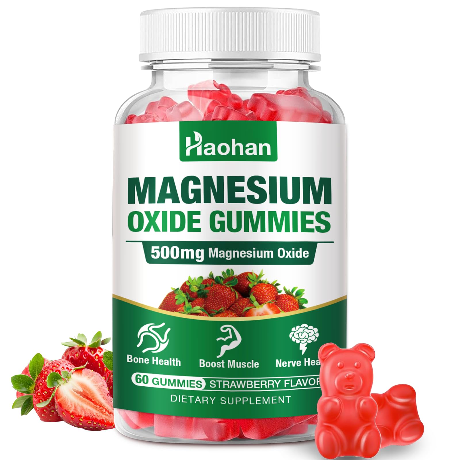 Haohan Magnesium Oxide Gummies strawberry bottle – vegan and non-GMO nerve and muscle support.