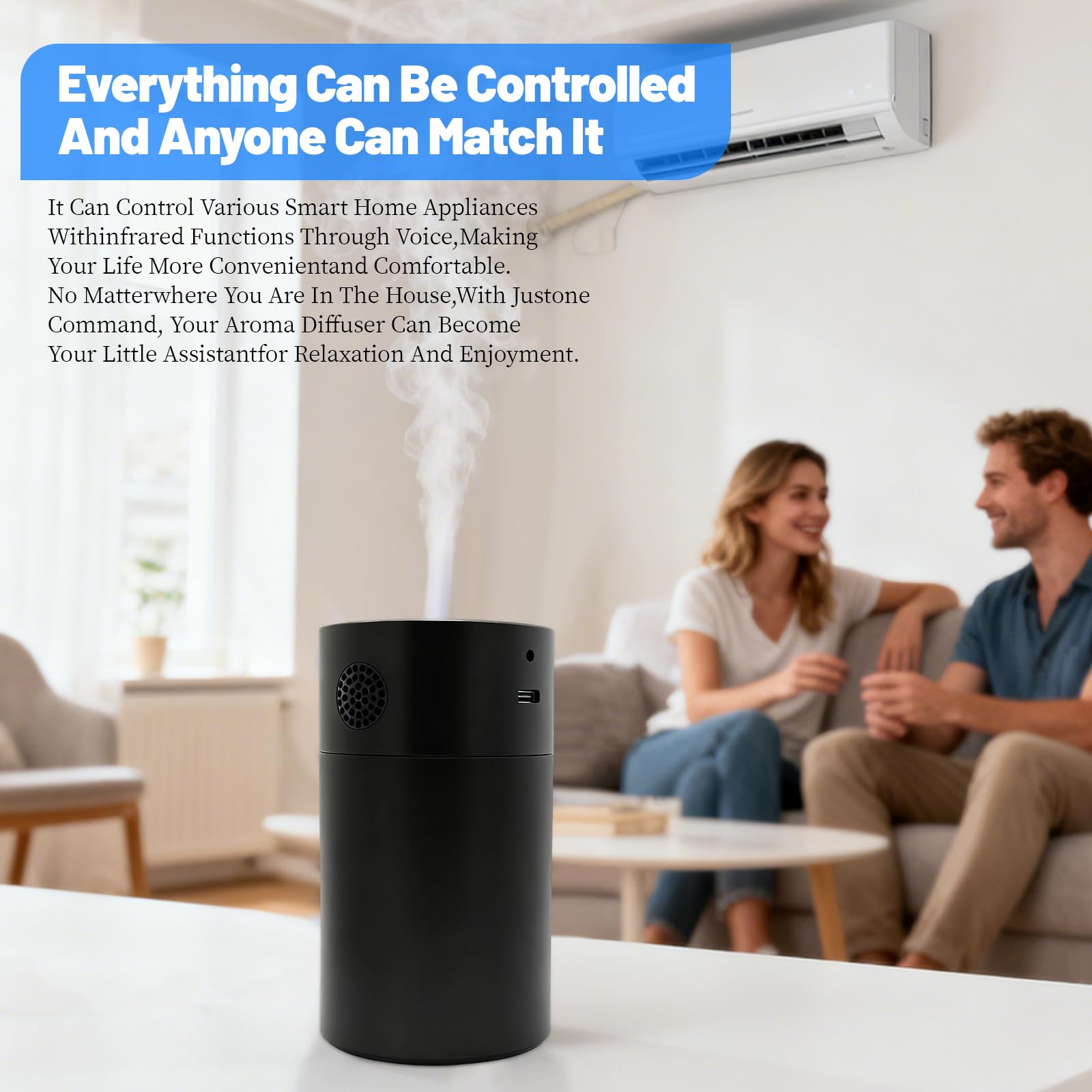 HAONINYUE smart diffuser with voice control icon enables hands-free operation.