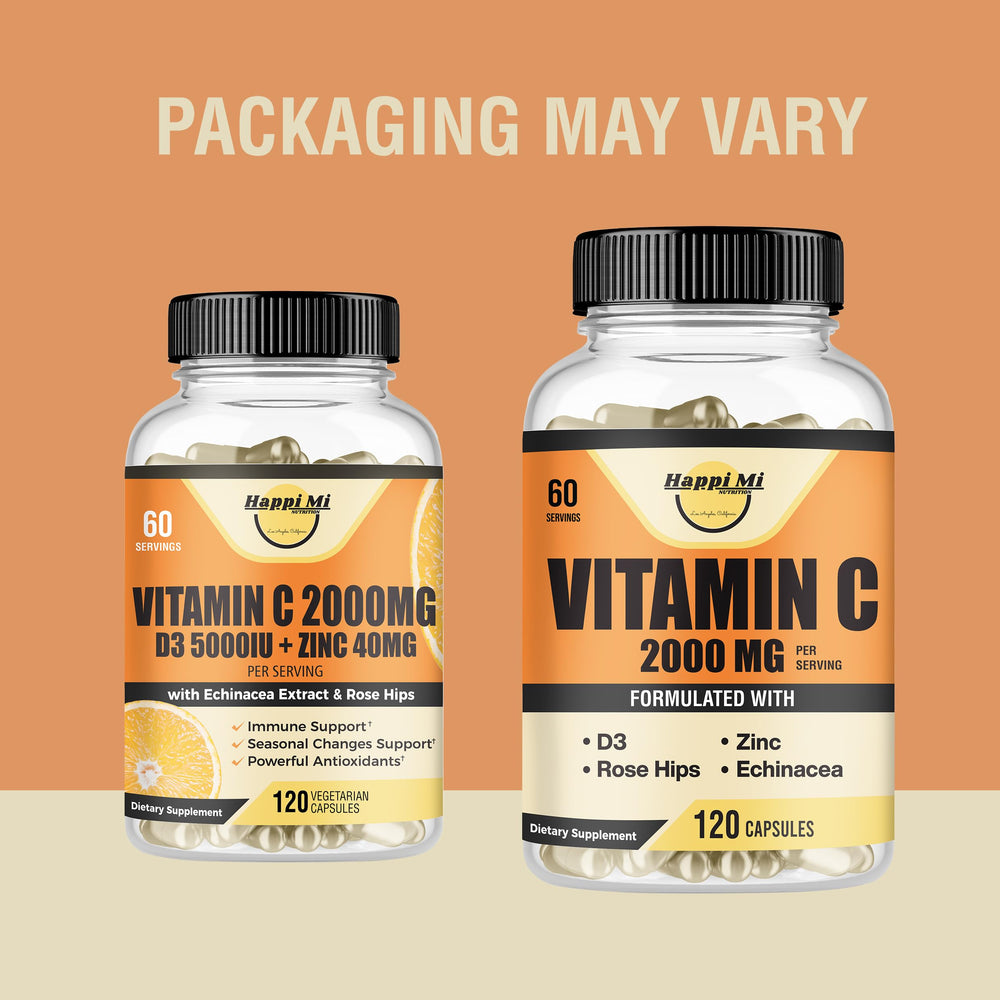 Happi Mi Vitamin C 2000mg capsules closeup highlighting zinc and D3
