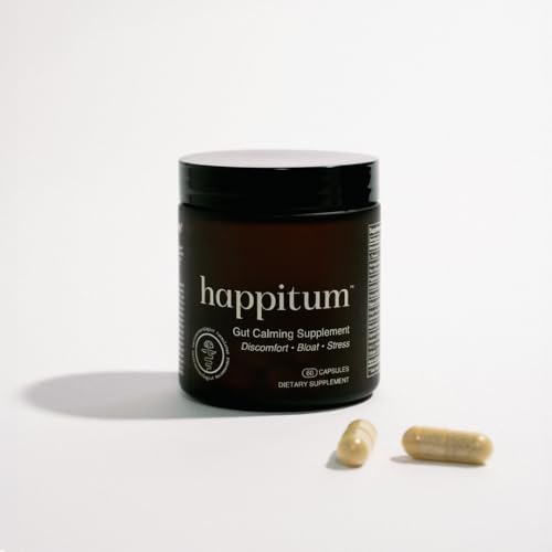 Happitum capsules close-up highlight natural ingredients for calm digestion.