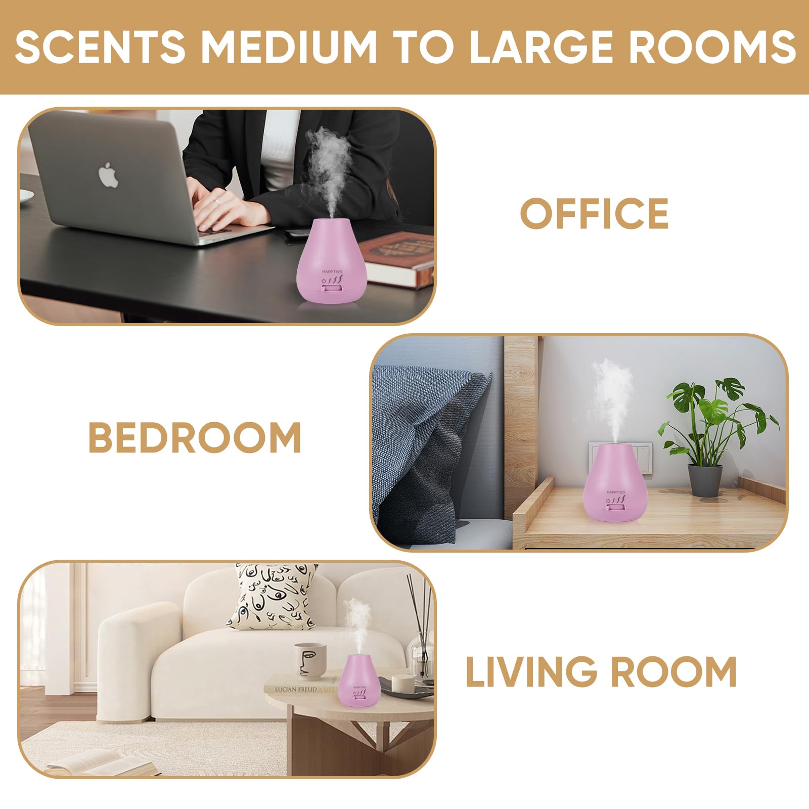HAPPTWS diffuser in use in a cozy bedroom setting