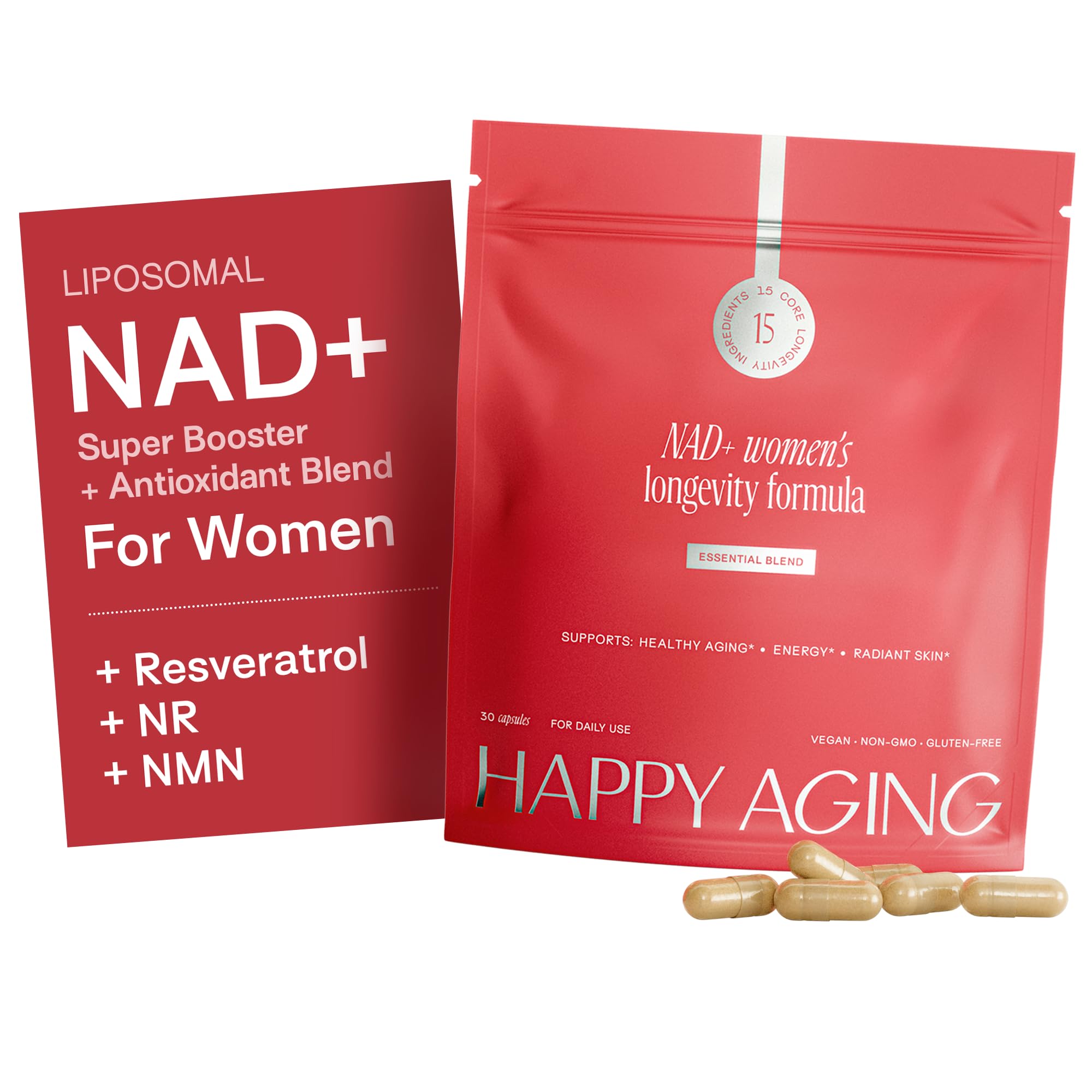 Happy Aging Essential Longevity Formula bottle highlights NAD+ blend for daily vitality.
