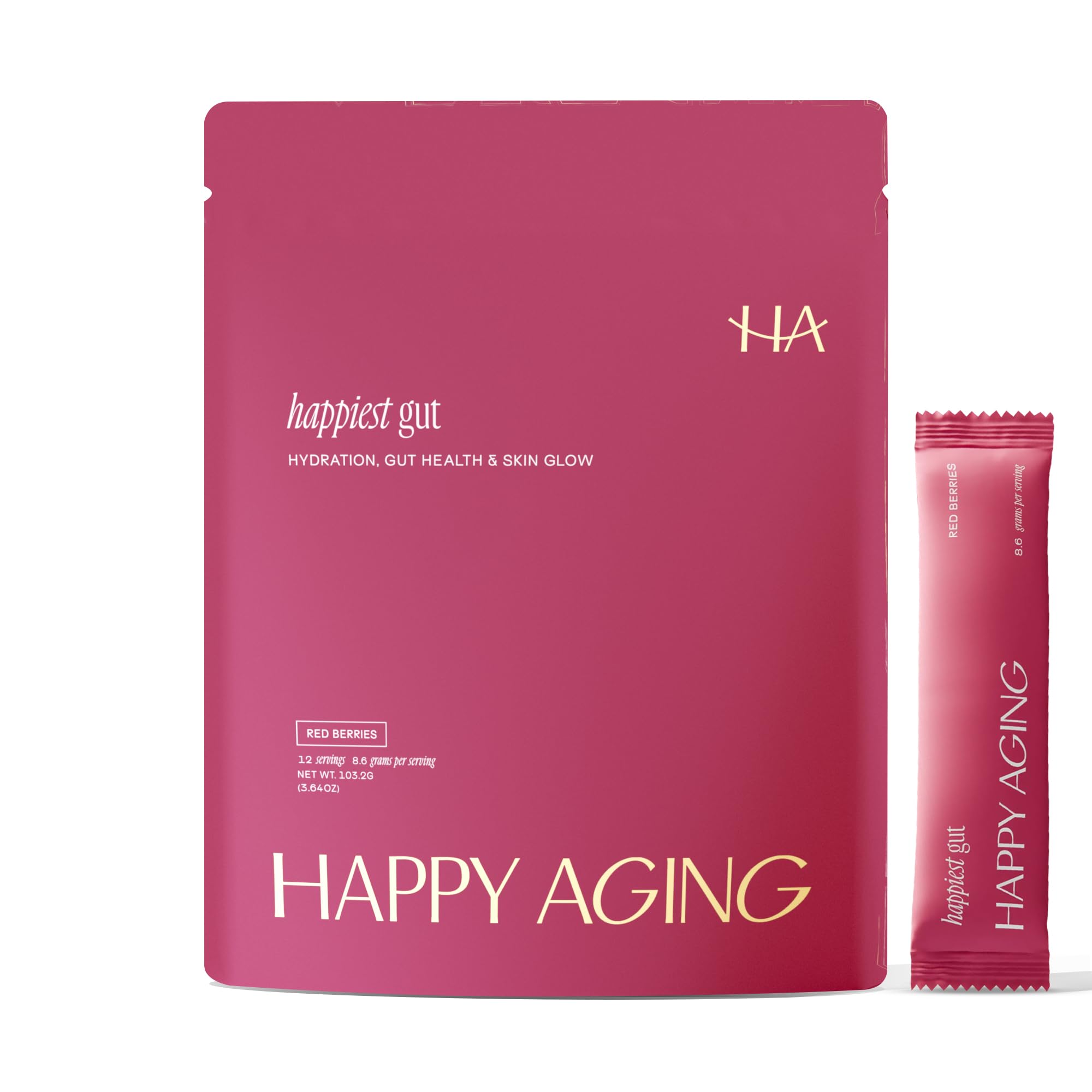 Happy Aging Happiest Gut Hydration Powder red berries packet ready to mix for hydration