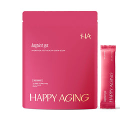 Happy Aging Happiest Gut Hydration Powder red berries packet ready to mix for hydration