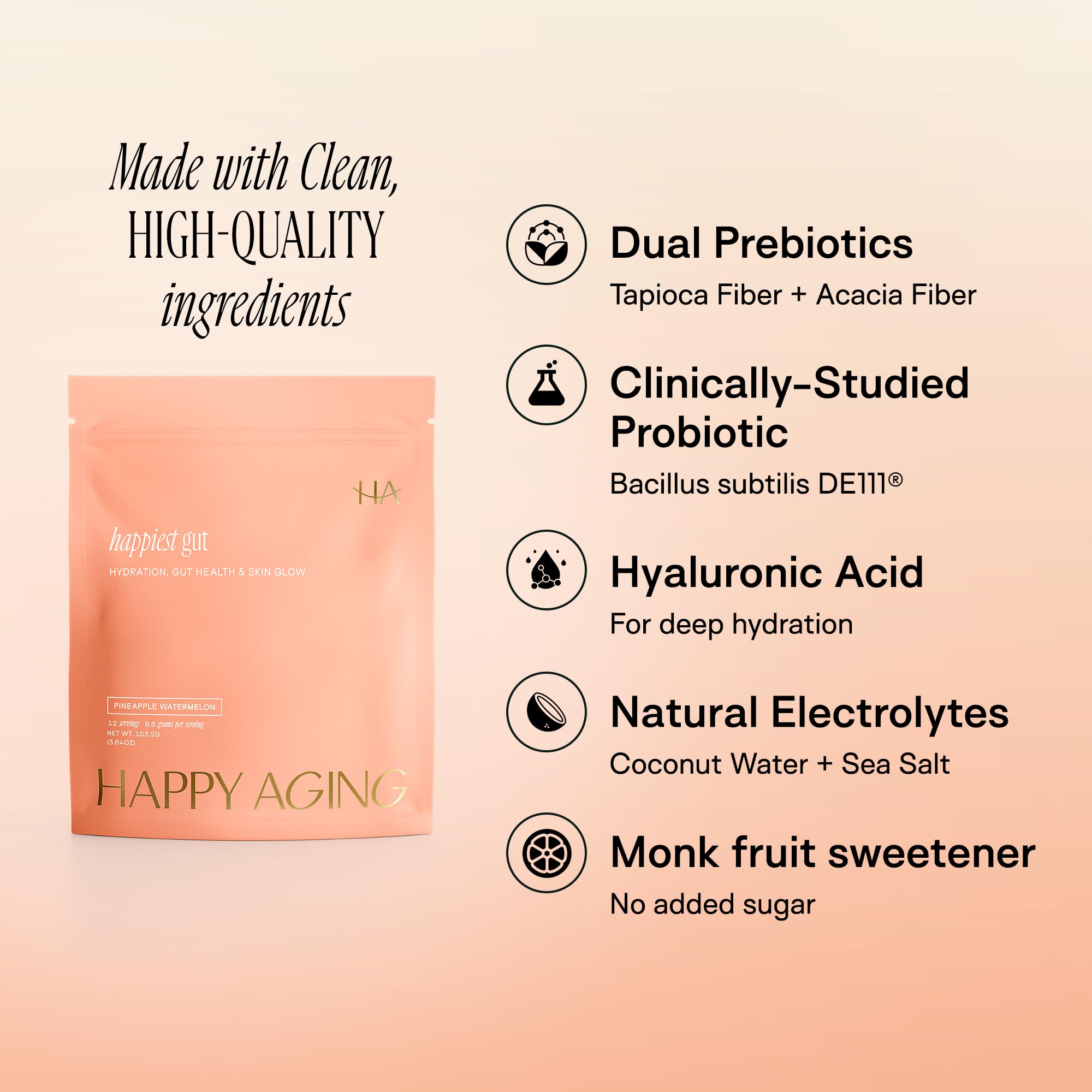 Happy Aging Happiest Gut Hydration Powder poured into a glass.