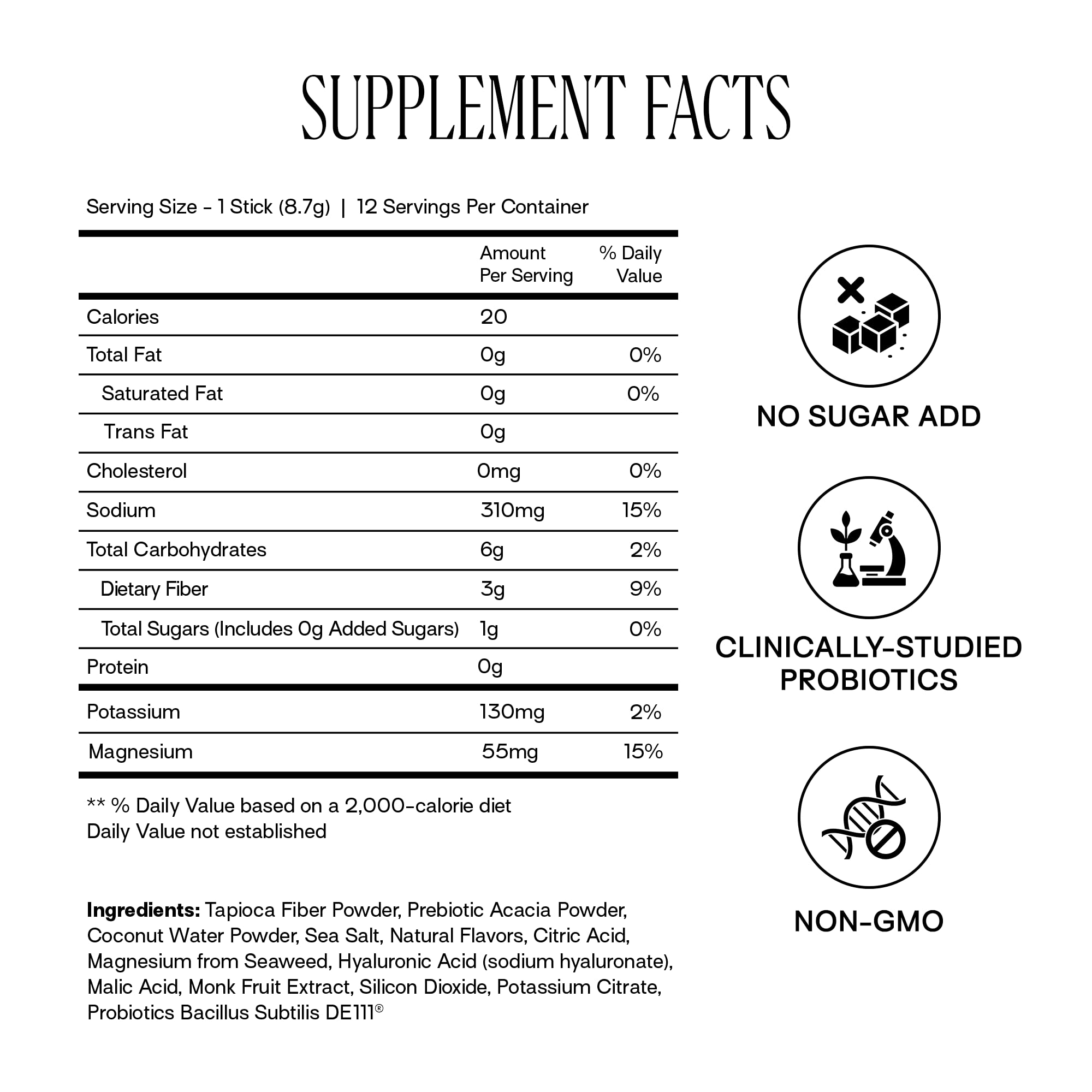 Happy Aging Happiest Gut Hydration Powder label highlights hyaluronic acid and DE111.