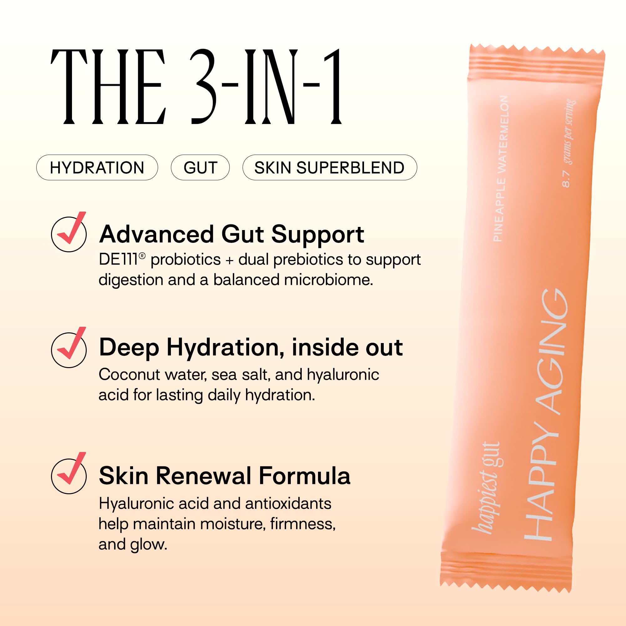Happy Aging Happiest Gut Hydration Powder packets for clean, convenient daily hydration.