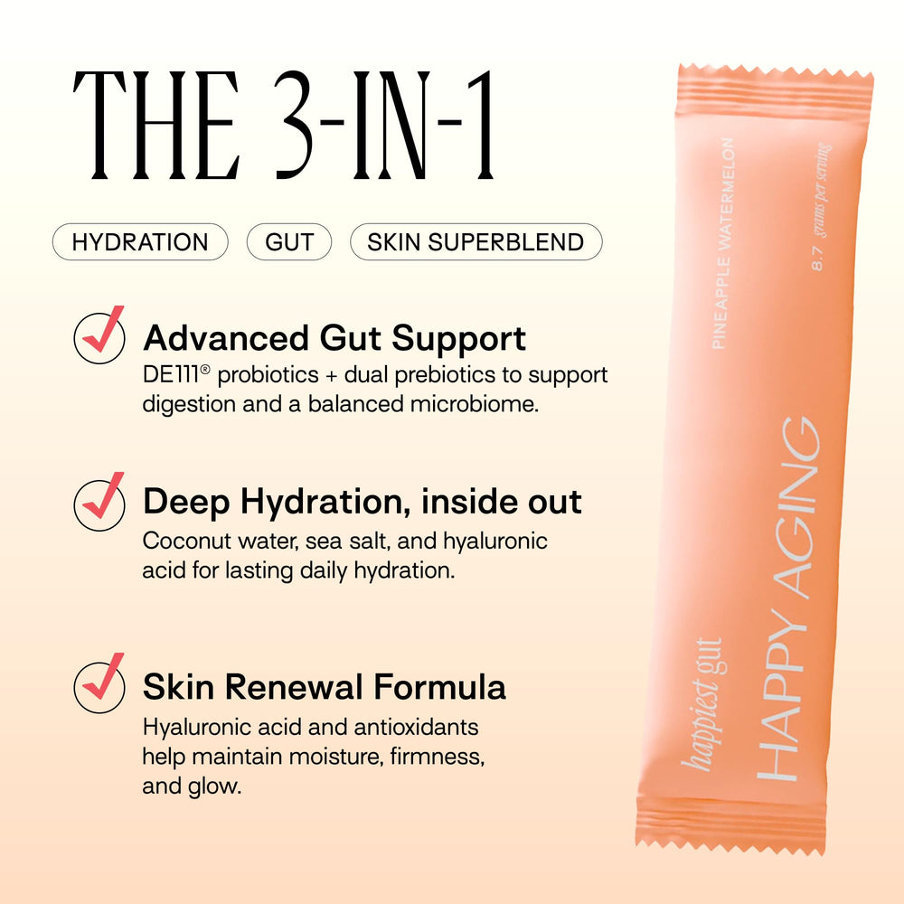 Happy Aging Happiest Gut Hydration Powder packets for clean, convenient daily hydration.