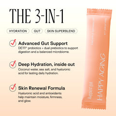 Happy Aging Happiest Gut Hydration Powder packets for clean, convenient daily hydration.