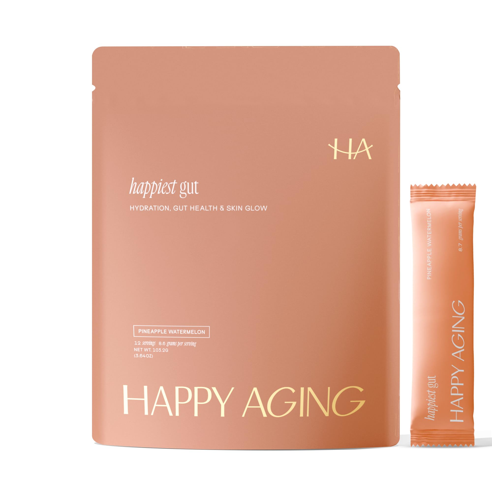 Happy Aging Happiest Gut Hydration Powder stick for on-the-go hydration.